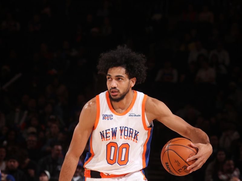 NEW YORK, NY - DECEMBER 1: Jacob Toppin #00 of the New York Knicks handles the ball during the game against the New Orleans Pelicans on December 1, 2024 at Madison Square Garden in New York City, New York.  NOTE TO USER: User expressly acknowledges and agrees that, by downloading and or using this photograph, User is consenting to the terms and conditions of the Getty Images License Agreement. Mandatory Copyright Notice: Copyright 2024 NBAE  (Photo by Nathaniel S. Butler/NBAE via Getty Images)