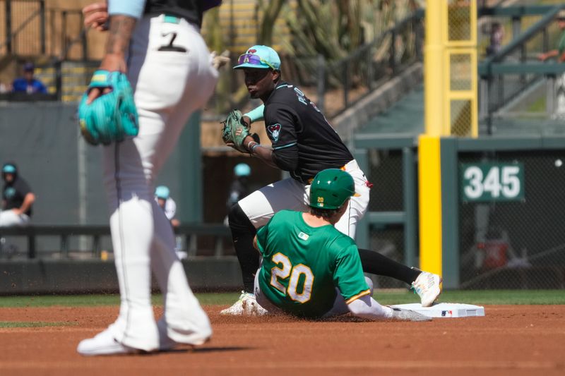 Mar 11, 2024; Salt River Pima-Maricopa, Arizona, USA; Arizona Diamondbacks shortstop Geraldo Perdomo (2) gets the force out on Oakland Athletics second baseman Zack Gelof (20) in the first inning at Salt River Fields at Talking Stick. Mandatory Credit: Rick Scuteri-USA TODAY Sports