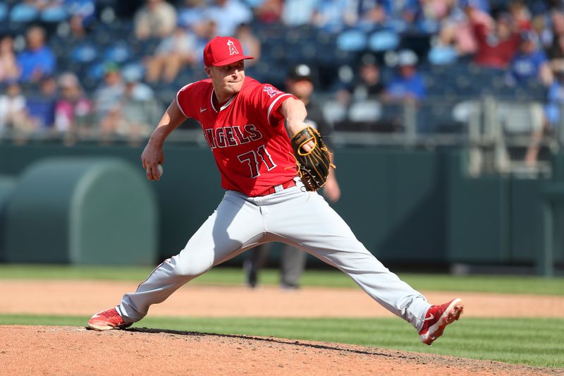 Jun 17, 2023; Kansas City, Missouri, USA; Los Angeles Angels relieve pitcher Jacob Webb (71) pitches in the eighth inning of a game against the Kansas City Royals at Kauffman Stadium. Mandatory Credit: Scott Sewell-USA TODAY Sports