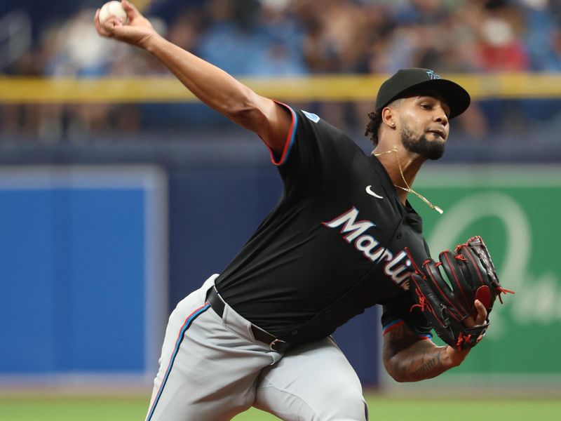 Jul 31, 2024; St. Petersburg, Florida, USA; Miami Marlins starting pitcher Roddery Munoz (71) throws against the Tampa Bay Rays during the third inning at Tropicana Field. Mandatory Credit: Kim Klement Neitzel-USA TODAY Sports
