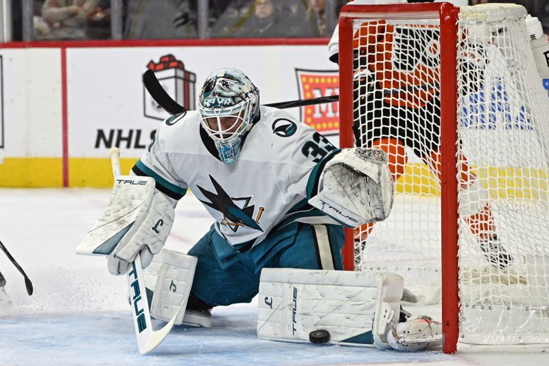 Dec 9, 2025; Philadelphia, Pennsylvania, USA; San Jose Sharks defenseman John Klingberg (3) makes a save against the Philadelphia Flyers during the first period at Xfinity Mobile Arena. Mandatory Credit: Eric Hartline-Imagn Images Dec 9, 2025; Philadelphia, Pennsylvania, USA; San Jose Sharks defenseman John Klingberg (3) makes a save against the Philadelphia Flyers during the first period at Xfinity Mobile Arena. Mandatory Credit: Eric Hartline-Imagn Images