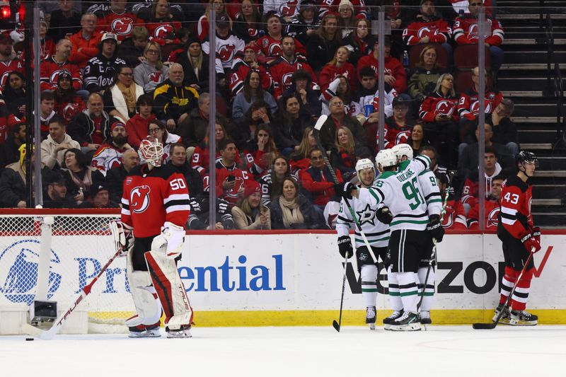 Jan 20, 2024; Newark, New Jersey, USA; Dallas Stars center Matt Duchene (95) celebrates his goal against the New Jersey Devils during the second period at Prudential Center. Mandatory Credit: Ed Mulholland-USA TODAY Sports