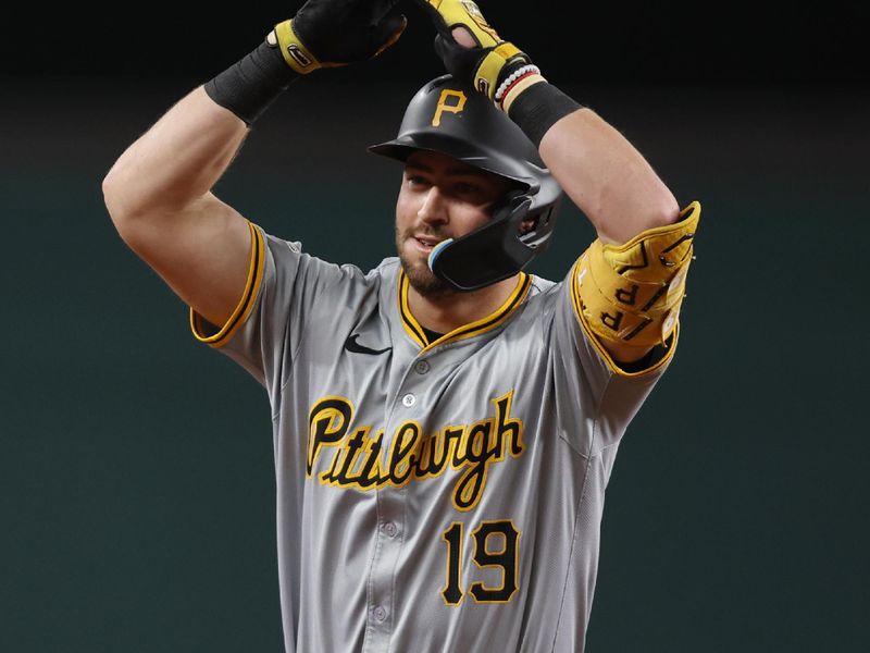 Aug 19, 2024; Arlington, Texas, USA; Pittsburgh Pirates third baseman Jared Triolo (19) reacts as he rounds the bases after hitting a three-run home run against the Texas Rangers in the fourth inning at Globe Life Field. Mandatory Credit: Tim Heitman-USA TODAY Sports