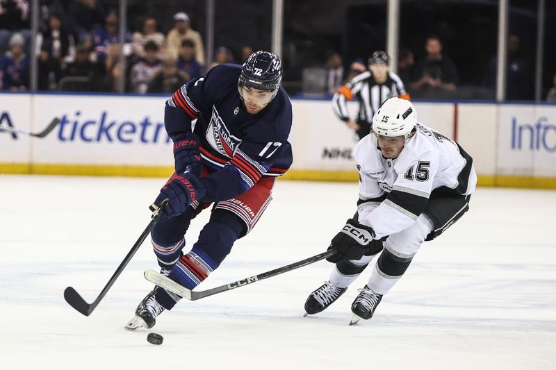 Dec 14, 2024; New York, New York, USA;  New York Rangers center Filip Chytil (72) and Los Angeles Kings center Alex Turcotte (15) chase after the puck in the second period at Madison Square Garden. Mandatory Credit: Wendell Cruz-Imagn Images