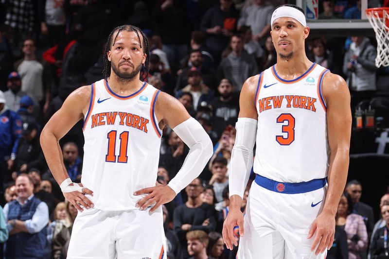 BROOKLYN, NY - JANUARY 23: Jalen Brunson #11 and Josh Hart #3 of the New York Knicks look on during the game against the Brooklyn Nets on January 23, 2024 at Barclays Center in Brooklyn, New York. NOTE TO USER: User expressly acknowledges and agrees that, by downloading and or using this Photograph, user is consenting to the terms and conditions of the Getty Images License Agreement. Mandatory Copyright Notice: Copyright 2024 NBAE (Photo by Nathaniel S. Butler/NBAE via Getty Images)