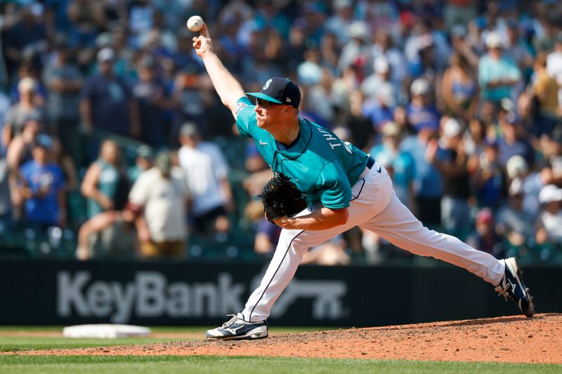 Aug 28, 2023; Seattle, Washington, USA; Seattle Mariners relief pitcher Trent Thornton (46) throws against the Kansas City Royals during the ninth inning at T-Mobile Park. Mandatory Credit: Joe Nicholson-USA TODAY Sports