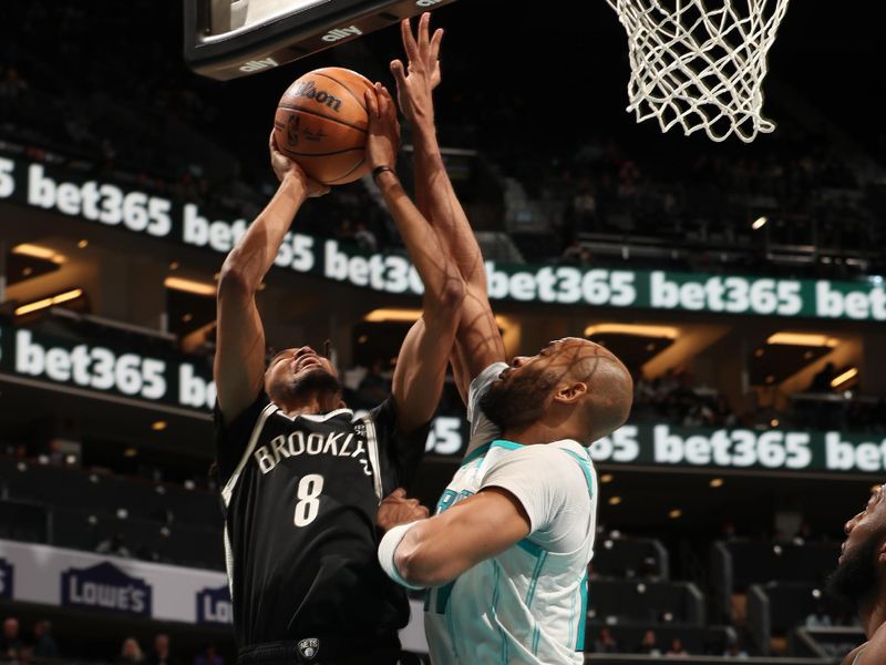 CHARLOTTE, NC - JANUARY 29: Ziaire Williams #8 of the Brooklyn Nets drives to the basket during the game against the Charlotte Hornets  on January 29, 2025 at Spectrum Center in Charlotte, North Carolina. NOTE TO USER: User expressly acknowledges and agrees that, by downloading and or using this photograph, User is consenting to the terms and conditions of the Getty Images License Agreement. Mandatory Copyright Notice: Copyright 2025 NBAE (Photo by Kent Smith/NBAE via Getty Images)