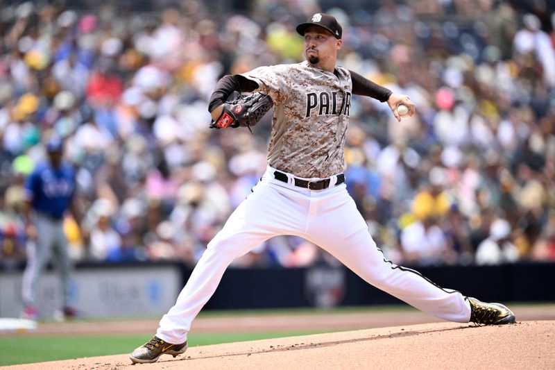 Jul 30, 2023; San Diego, California, USA; San Diego Padres starting pitcher Blake Snell (4) throws a pitch against the Texas Rangers during the first inning at Petco Park. Mandatory Credit: Orlando Ramirez-USA TODAY Sports