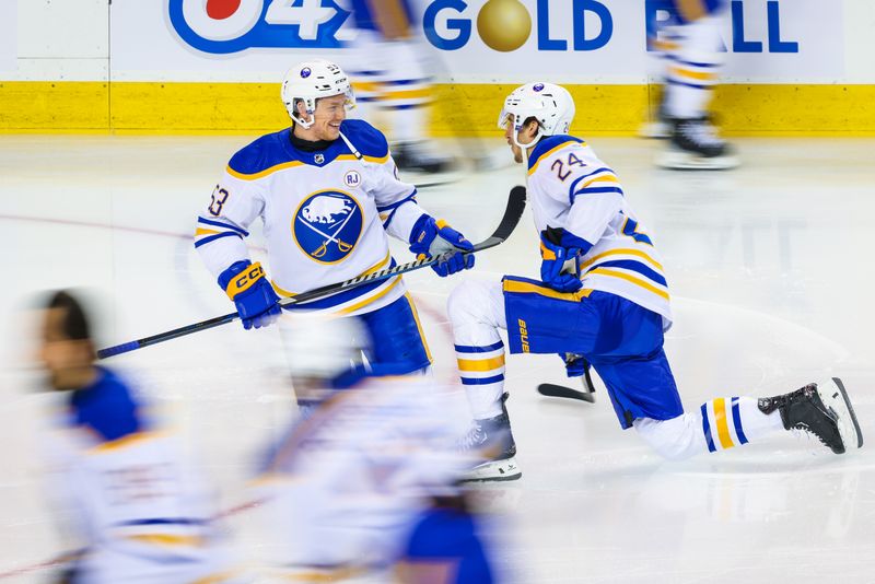 Mar 24, 2024; Calgary, Alberta, CAN; Buffalo Sabres left wing Jeff Skinner (53) and center Dylan Cozens (24) during the warmup period against the Calgary Flames at Scotiabank Saddledome. Mandatory Credit: Sergei Belski-USA TODAY Sports