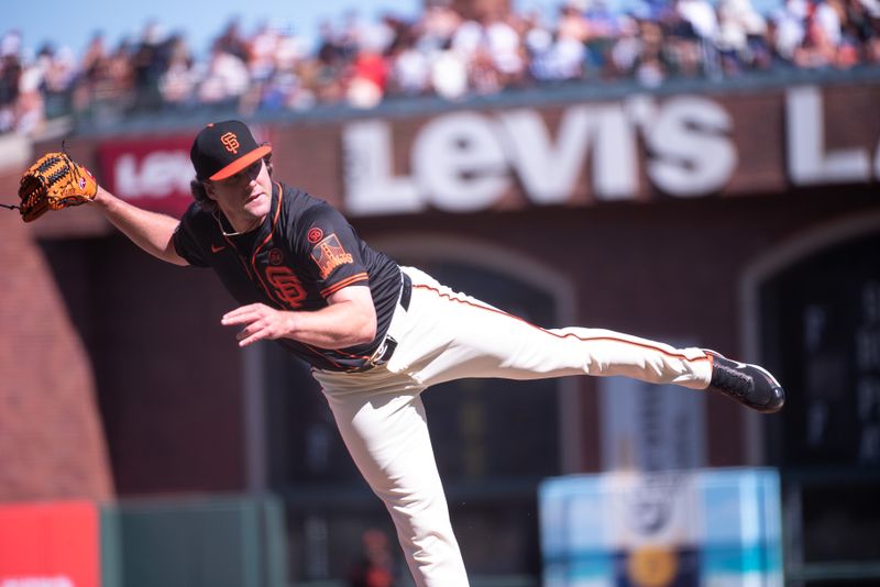 Jun 29, 2024; San Francisco, California, USA; San Francisco Giants pitcher Erik Miller (68) throws a pitch against the Los Angeles Dodgers during the first inning at Oracle Park. Mandatory Credit: Ed Szczepanski-USA TODAY Sports