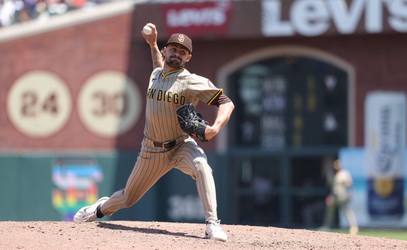 Jun 5, 2025; San Francisco, California, USA; San Diego Padres relief pitcher David Morgan (66) pitches the ball against the San Francisco Giants during the sixth inning at Oracle Park. Mandatory Credit: Kelley L Cox-Imagn Images
