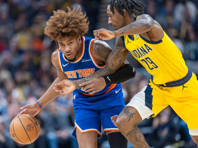 INDIANAPOLIS, INDIANA - NOVEMBER 10: Miles McBride #2 of the New York Knicks dribbles against Quenton Jackson #29 of the Indiana Pacers at Gainbridge Fieldhouse on November 10, 2024 in Indianapolis, Indiana. NOTE TO USER: User expressly acknowledges and agrees that, by downloading and or using this photograph, User is consenting to the terms and conditions of the Getty Images License Agreement. (Photo by Michael Hickey/Getty Images)