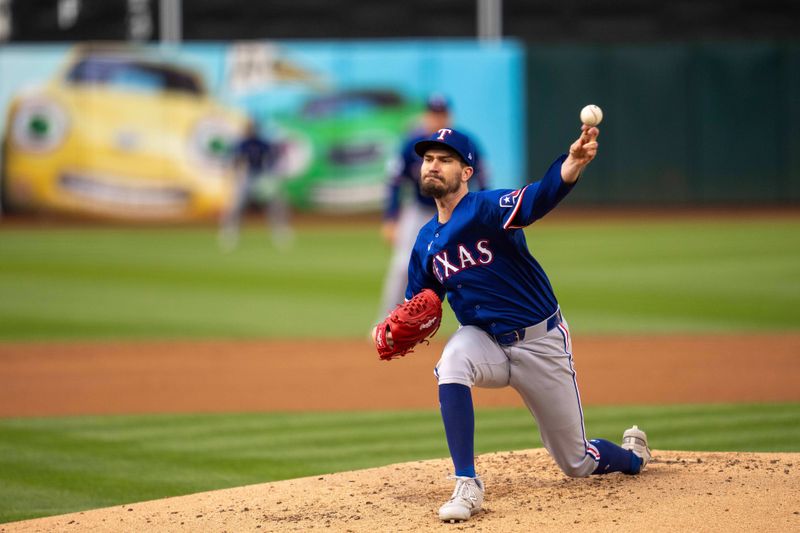 May 6, 2024; Oakland, California, USA; Texas Rangers starting pitcher Andrew Heaney (44) delivers a pitch against the Oakland Athletics during the first inning at Oakland-Alameda County Coliseum. Mandatory Credit: Neville E. Guard-USA TODAY Sports