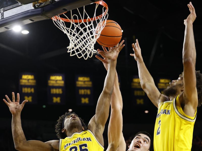 Feb 25, 2024; Ann Arbor, Michigan, USA;  Michigan Wolverines guard Jace Howard (25) Purdue Boilermakers center Zach Edey (15) and forward Tray Jackson (2) go for the rebound in the second half at Crisler Center. Mandatory Credit: Rick Osentoski-USA TODAY Sports