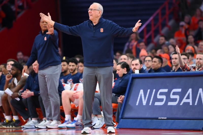 Feb 14, 2023; Syracuse, New York, USA; Syracuse Orange head coach Jim Boeheim reacts to a call against the North Carolina State Wolfpack during the second half at the JMA Wireless Dome. Mandatory Credit: Rich Barnes-USA TODAY Sports