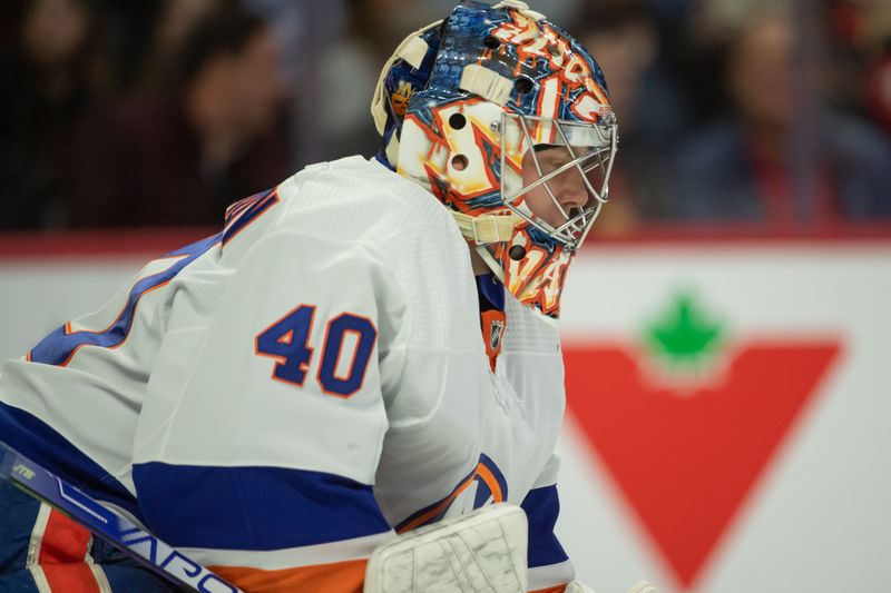 Nov 24 2023; Ottawa, Ontario, CAN; New York Islanders goalie Semyon Varlamov (40) warms up prior to the start of the first period against the Ottawa Senators at the Canadian Tire Centre. Mandatory Credit: Marc DesRosiers-USA TODAY Sports