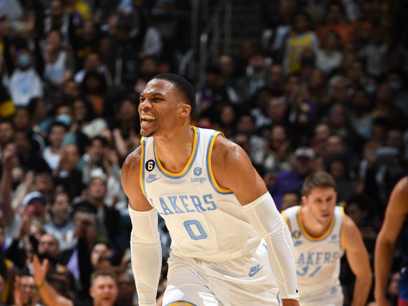 LOS ANGELES, CA - OCTOBER 30: Russell Westbrook #0 of the Los Angeles Lakers celebrates during the game against the Denver Nuggets on October 30, 2022 at Crypto.Com Arena in Los Angeles, California. NOTE TO USER: User expressly acknowledges and agrees that, by downloading and/or using this Photograph, user is consenting to the terms and conditions of the Getty Images License Agreement. Mandatory Copyright Notice: Copyright 2022 NBAE (Photo by Andrew D. Bernstein/NBAE via Getty Images)