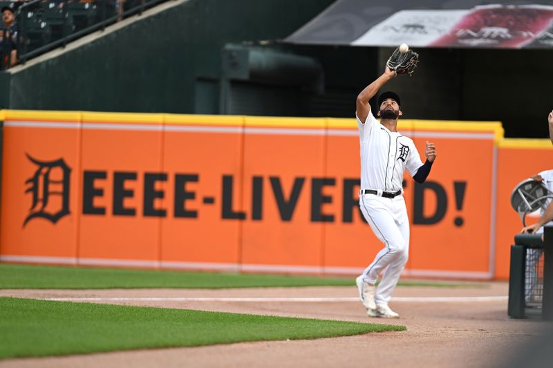 Aug 21, 2023; Detroit, Michigan, USA; Detroit Tigers center fielder Riley Greene (31) catches a fly ball agains the Chicago Cubs shortstop in the fourth inning at Comerica Park. Mandatory Credit: Lon Horwedel-USA TODAY Sports