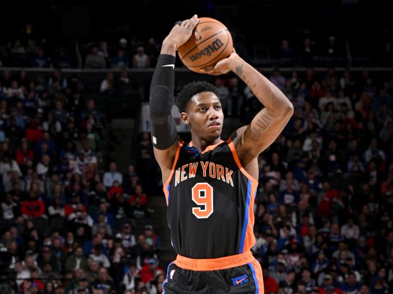 PHILADELPHIA, PA - FEBRUARY 10: RJ Barrett #9 of the New York Knicks shoots a three point basket during the game against the Philadelphia 76ers on February 10, 2023 at the Wells Fargo Center in Philadelphia, Pennsylvania NOTE TO USER: User expressly acknowledges and agrees that, by downloading and/or using this Photograph, user is consenting to the terms and conditions of the Getty Images License Agreement. Mandatory Copyright Notice: Copyright 2023 NBAE (Photo by David Dow/NBAE via Getty Images)