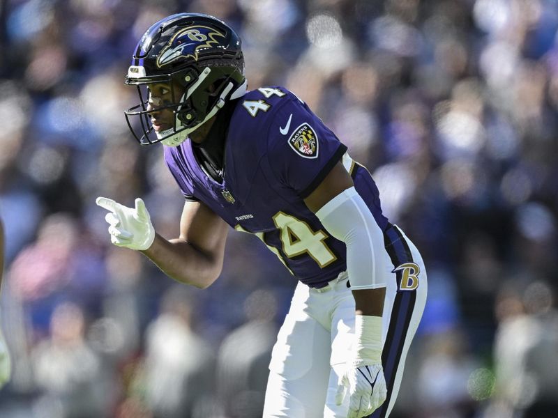 Baltimore Ravens cornerback Marlon Humphrey (44) in action during the first half of an NFL football game against the Detroit Lions, Sunday, Oct. 22, 2023, in Baltimore. (AP Photo/Terrance Williams)