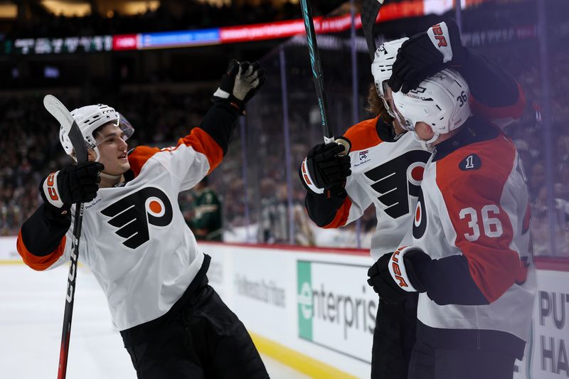 Mar 12, 2026; Saint Paul, Minnesota, USA; Philadelphia Flyers defenseman Emil Andrae (36) celebrates his goal against the Minnesota Wild during the first period at Grand Casino Arena. Mandatory Credit: Matt Krohn-Imagn Images