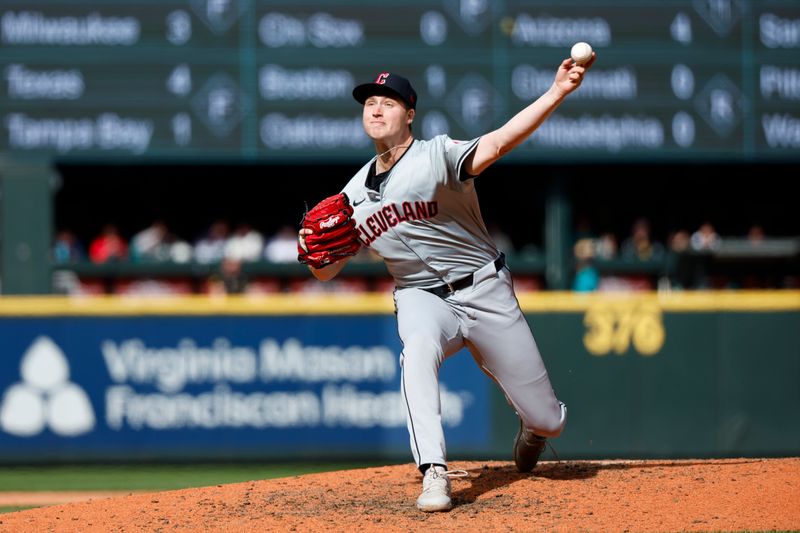 Apr 3, 2024; Seattle, Washington, USA; Cleveland Guardians relief pitcher Tim Herrin (29) throws against the Seattle Mariners during the ninth inning at T-Mobile Park. Mandatory Credit: Joe Nicholson-USA TODAY Sports