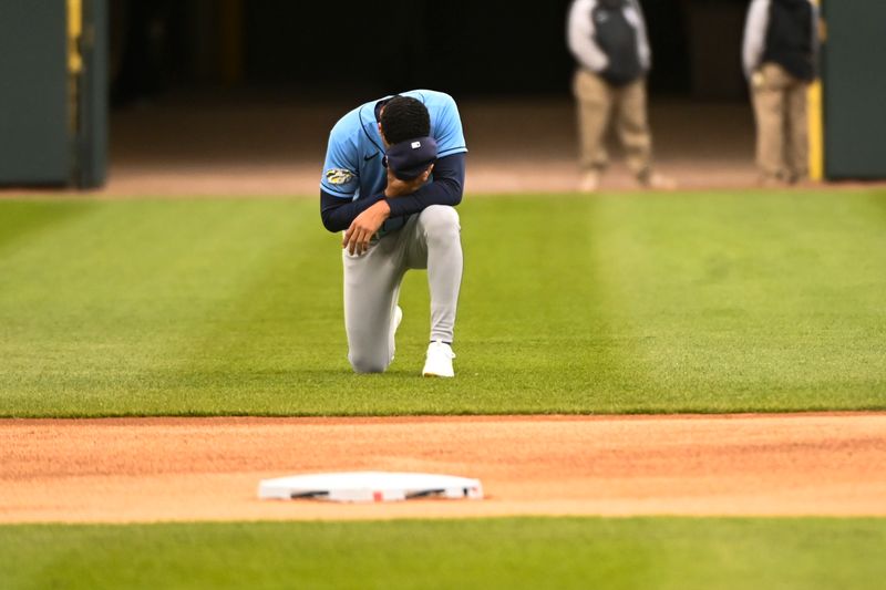 Apr 29, 2023; Chicago, Illinois, USA; Tampa Bay Rays center fielder Jose Siri (22) before their game against the Chicago White Sox at Guaranteed Rate Field. Mandatory Credit: Matt Marton-USA TODAY Sports