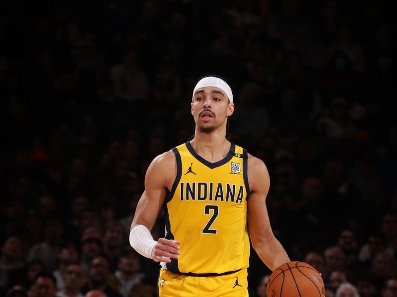 NEW YORK, NY - FEBRUARY 1: Andrew Nembhard #2 of the Indiana Pacers dribbles the ball during the game against the New York Knicks on February 1, 2024 at Madison Square Garden in New York City, New York.  NOTE TO USER: User expressly acknowledges and agrees that, by downloading and or using this photograph, User is consenting to the terms and conditions of the Getty Images License Agreement. Mandatory Copyright Notice: Copyright 2024 NBAE  (Photo by Nathaniel S. Butler/NBAE via Getty Images)