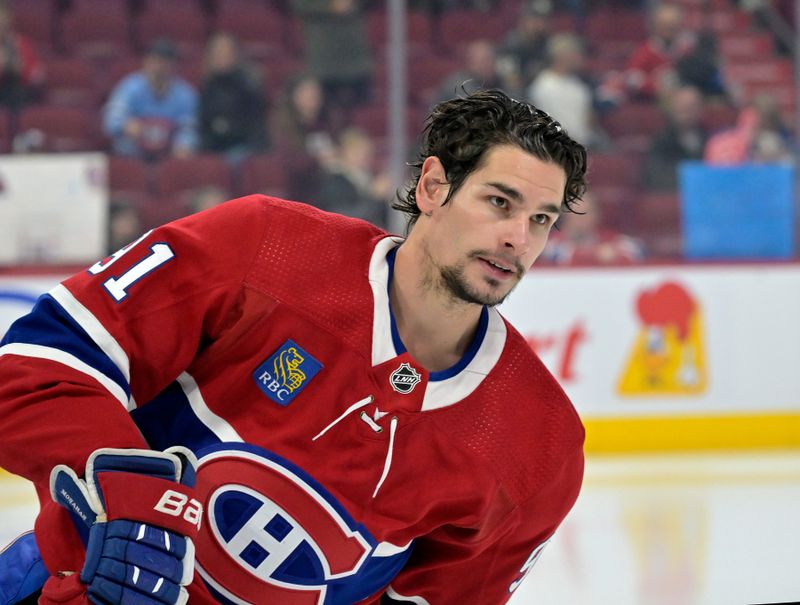 Nov 16, 2023; Montreal, Quebec, CAN; Montreal Canadiens forward Sean Monahan (91) skates during the warmup period before a game against the Vegas Golden Knights at the Bell Centre. Mandatory Credit: Eric Bolte-USA TODAY Sports