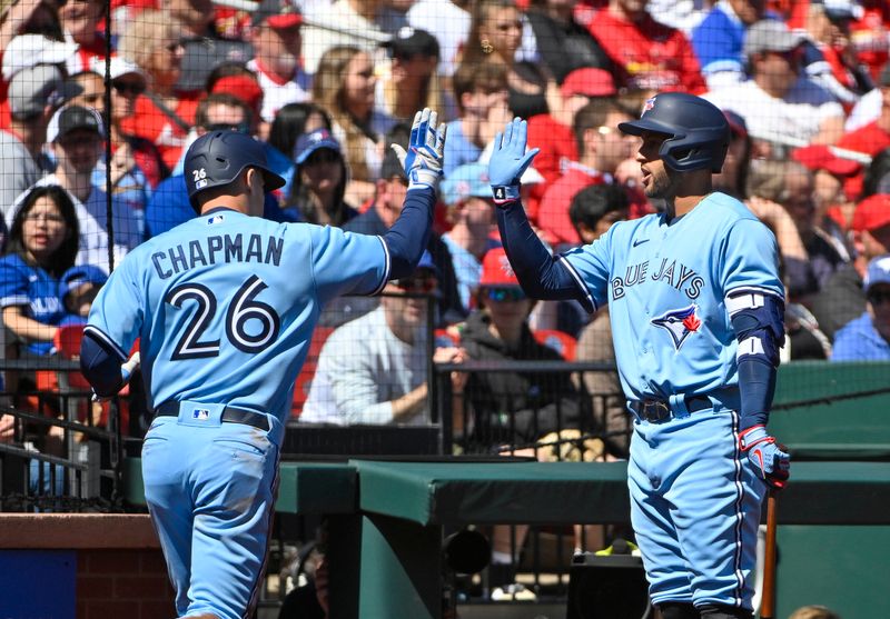 Apr 2, 2023; St. Louis, Missouri, USA;  Toronto Blue Jays third baseman Matt Chapman (26) is congratulated by right fielder George Springer (4) after scoring against the St. Louis Cardinals during the second inning at Busch Stadium. Mandatory Credit: Jeff Curry-USA TODAY Sports