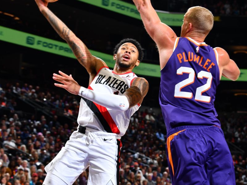 PHOENIX, AZ - NOVEMBER 2: Anfernee Simons #1 of the Portland Trail Blazers drives to the basket during the game against the Phoenix Suns on November 2, 2024 at Footprint Center in Phoenix, Arizona. NOTE TO USER: User expressly acknowledges and agrees that, by downloading and or using this photograph, user is consenting to the terms and conditions of the Getty Images License Agreement. Mandatory Copyright Notice: Copyright 2024 NBAE (Photo by Barry Gossage/NBAE via Getty Images)