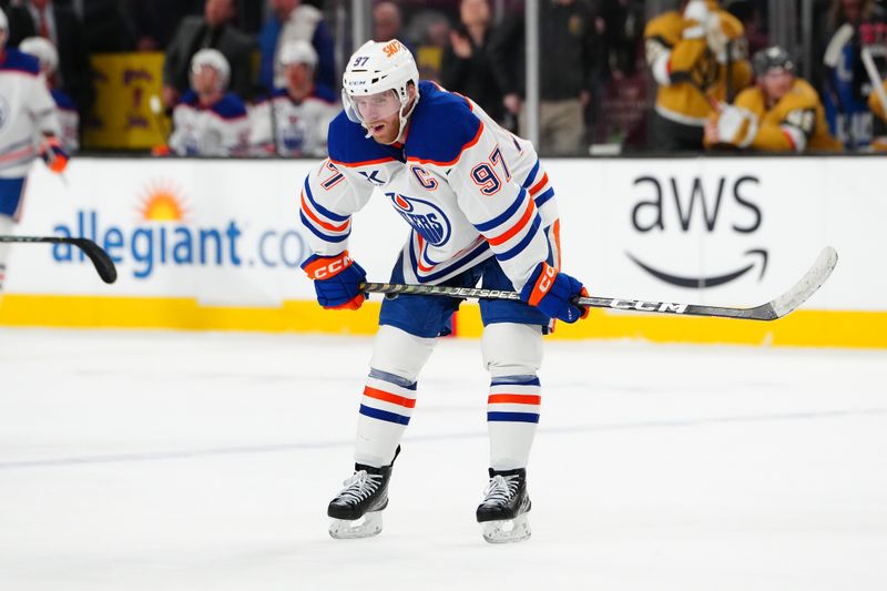 Dec 3, 2024; Las Vegas, Nevada, USA; Edmonton Oilers center Connor McDavid (97) awaits a face off against the Vegas Golden Knights during the third period at T-Mobile Arena. Mandatory Credit: Stephen R. Sylvanie-Imagn Images