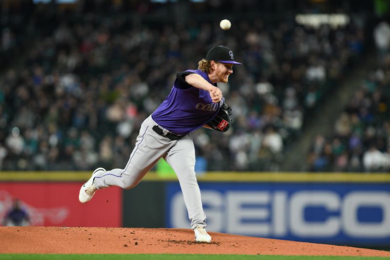 Apr 16, 2023; Seattle, Washington, USA; Colorado Rockies starting pitcher Noah Davis (63) pitches to the Seattle Mariners during the first inning at T-Mobile Park. Mandatory Credit: Steven Bisig-USA TODAY Sports