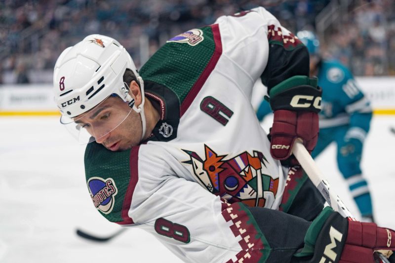 Dec 21, 2023; San Jose, California, USA; Arizona Coyotes center Nick Schmaltz (8) during the first period against the San Jose Sharks at SAP Center at San Jose. Mandatory Credit: Stan Szeto-USA TODAY Sports