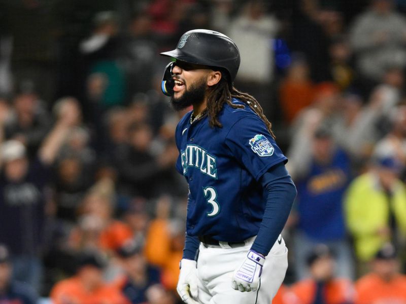 Sep 27, 2023; Seattle, Washington, USA; Seattle Mariners shortstop J.P. Crawford (3) celebrates hitting a home run against the Houston Astros during the first inning at T-Mobile Park. Mandatory Credit: Steven Bisig-USA TODAY Sports