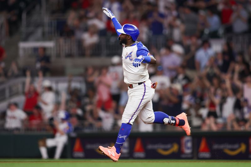 Apr 19, 2025; Atlanta, Georgia, USA; Atlanta Braves center fielder Michael Harris II (23) celebrates after a home run against the Minnesota Twins in the sixth inning at Truist Park. Mandatory Credit: Brett Davis-Imagn Images
