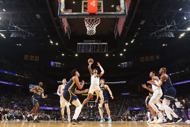 SAN FRANCISCO, CA - APRIL 7:  Keyonte George #3 of the Utah Jazz goes to the basket during the game on April 7, 2024 at Chase Center in San Francisco, California. NOTE TO USER: User expressly acknowledges and agrees that, by downloading and or using this photograph, user is consenting to the terms and conditions of Getty Images License Agreement. Mandatory Copyright Notice: Copyright 2024 NBAE (Photo by Noah Graham/NBAE via Getty Images)