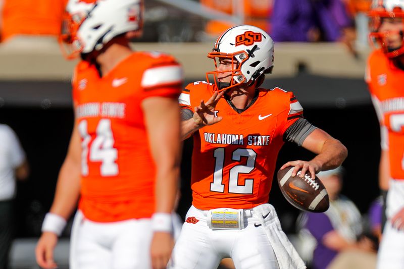 Sep 2, 2023; Stillwater, Oklahoma, USA; Oklahoma State's Gunnar Gundy (12) warms up before an NCAA football game between Oklahoma State and Central Arkansas at Boone Pickens Stadium. Mandatory Credit: Nathan J. Fish-USA TODAY Sports