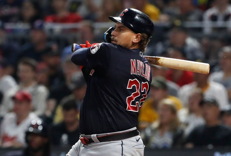 Jul 17, 2023; Pittsburgh, Pennsylvania, USA;  Cleveland Guardians first baseman Josh Naylor (22) hits a two-run home run against the Pittsburgh Pirates during the seventh inning at PNC Park. Mandatory Credit: Charles LeClaire-USA TODAY Sports