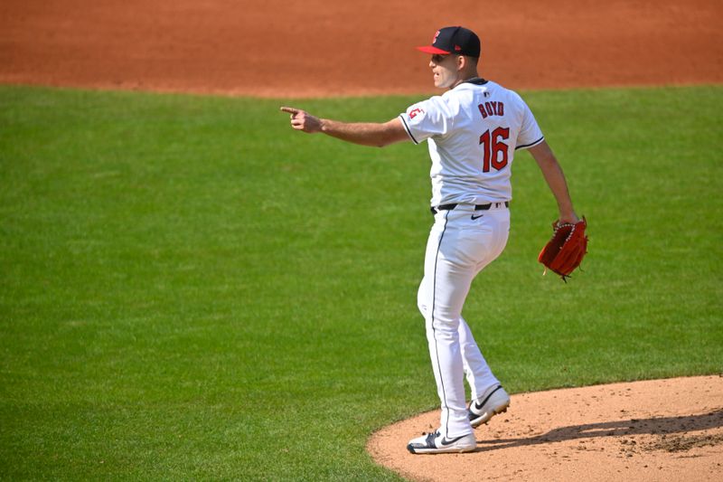 Oct 12, 2024; Cleveland, Ohio, USA; Cleveland Guardians pitcher Matthew Boyd (16) celebrates a strike out in the second inning against the Detroit Tigers during game five of the ALDS for the 2024 MLB Playoffs at Progressive Field. Mandatory Credit: David Richard-Imagn Images