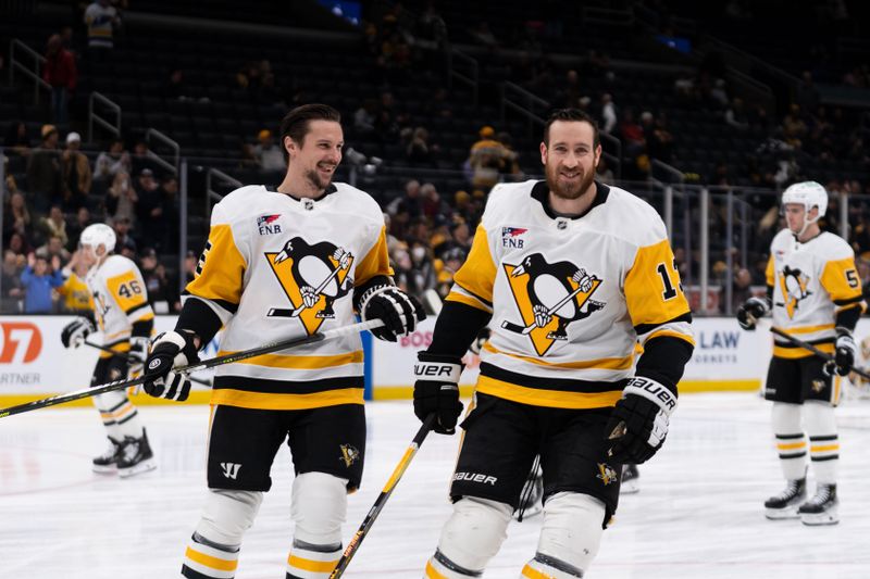 Jan 11, 2026; Boston, Massachusetts, USA; Pittsburgh Penguins right-wing Kevin Hayes (13) smiles at his family during warm ups before the game against the Boston Bruins at TD Garden. Mandatory Credit: Natalie Reid-Imagn Images