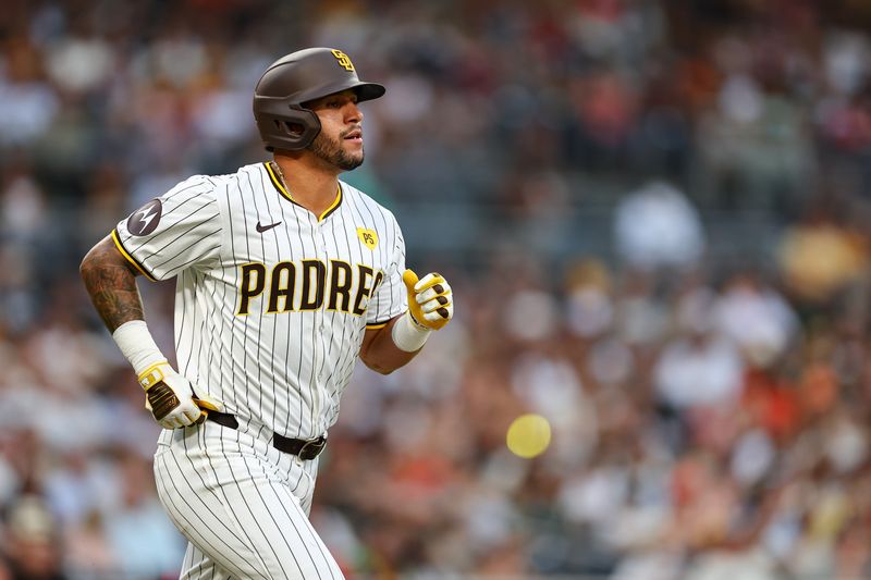 Sep 7, 2024; San Diego, California, USA; San Diego Padres right fielder David Peralta (24) walks in the fourth inning against the San Francisco Giants at Petco Park. Mandatory Credit: Chadd Cady-Imagn Images