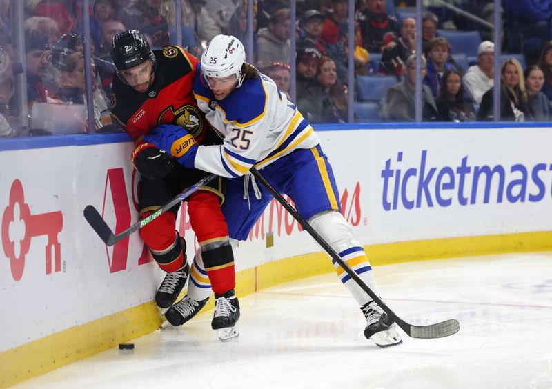Buffalo Sabres defenseman Owen Power (25) checks Ottawa Senators defenseman Artem Zub (2) as he goes for a loose puck during the first period Oct 15, 2025; Buffalo, New York, USA;  at KeyBank Center. Mandatory Credit: Timothy T. Ludwig-Imagn Images