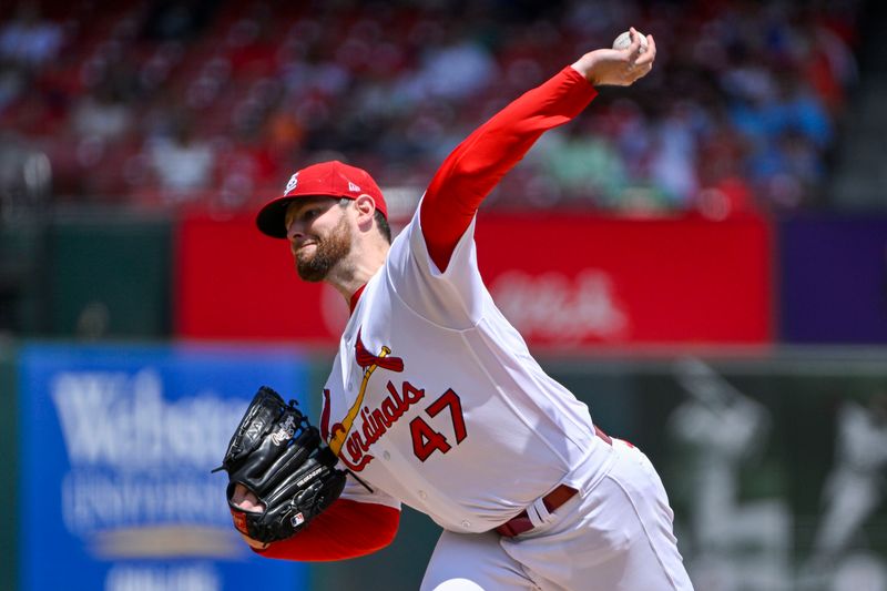 Jun 14, 2023; St. Louis, Missouri, USA;  St. Louis Cardinals starting pitcher Jordan Montgomery (47) pitches against the San Francisco Giants during the second inning at Busch Stadium. Mandatory Credit: Jeff Curry-USA TODAY Sports