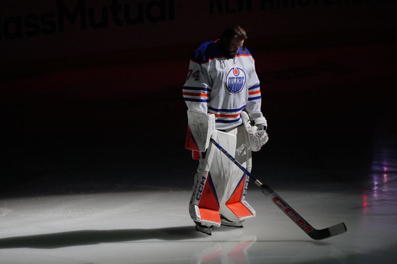 Jun 18, 2024; Sunrise, Florida, USA; Edmonton Oilers goaltender Skinner Stuart (74) stands during the National anthem prior to the start of the game against the Florida Panthers in game five of the 2024 Stanley Cup Final at Amerant Bank Arena. Mandatory Credit: Jim Rassol-USA TODAY Sports