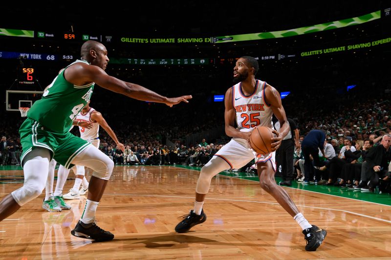 BOSTON, MA - OCTOBER 22: Mikal Bridges #25 of the New York Knicks handles the ball during the game against the Boston Celtics on October 22, 2024 at TD Garden in Boston, Massachusetts. NOTE TO USER: User expressly acknowledges and agrees that, by downloading and/or using this Photograph, user is consenting to the terms and conditions of the Getty Images License Agreement. Mandatory Copyright Notice: Copyright 2024 NBAE (Photo by Brian Babineau/NBAE via Getty Images)