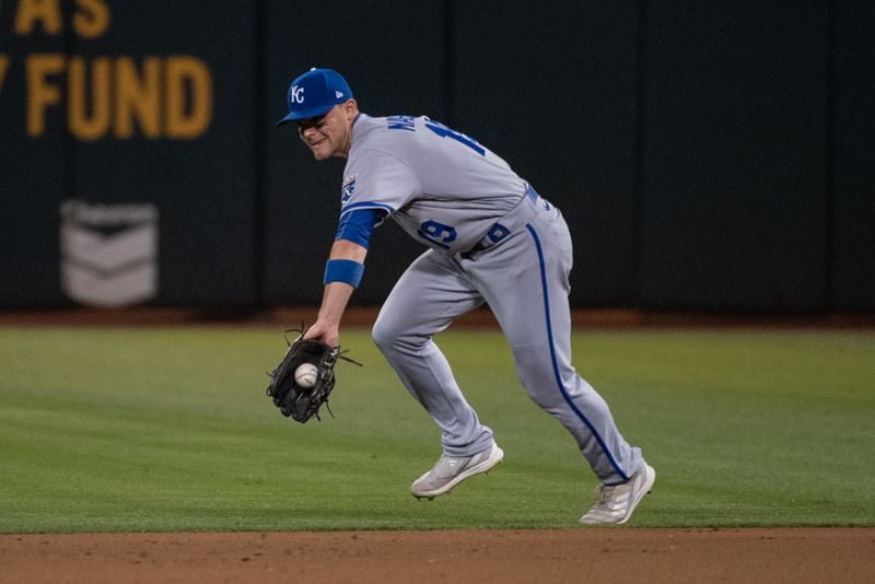 Aug 22, 2023; Oakland, California, USA; Kansas City Royals second baseman Michael Massey (19) fields a ground ball during the seventh inning against the Oakland Athletics at Oakland-Alameda County Coliseum. Mandatory Credit: Ed Szczepanski-USA TODAY Sports