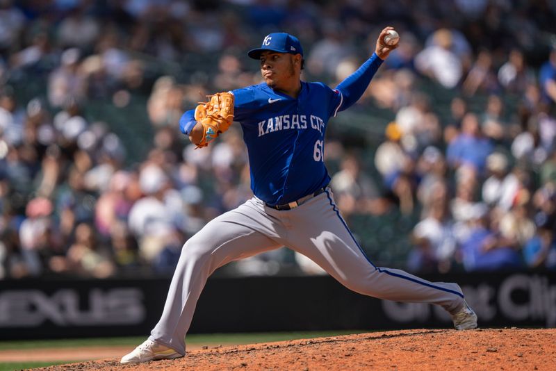 May 15, 2024; Seattle, Washington, USA; Kansas City Royals reliever Angel Zerpa (61) delivers a pitch during the seventh inning against the Seattle Mariners at T-Mobile Park. Mandatory Credit: Stephen Brashear-USA TODAY Sports