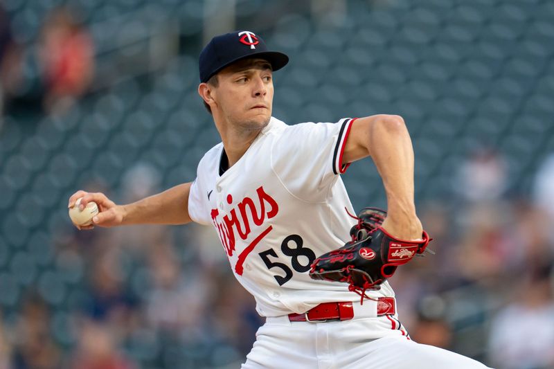 Sep 9, 2024; Minneapolis, Minnesota, USA; Minnesota Twins starting pitcher David Festa (58) delivers a pitch against the Los Angeles Angels in the first inning at Target Field. Mandatory Credit: Jesse Johnson-Imagn Images