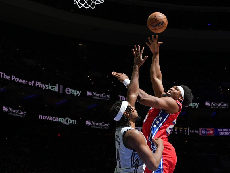 PHILADELPHIA, PA - DECEMBER 6: Guerschon Yabusele #28 of the Philadelphia 76ers drives to the basket during the game against the Orlando Magic on December 6, 2024 at the Wells Fargo Center in Philadelphia, Pennsylvania NOTE TO USER: User expressly acknowledges and agrees that, by downloading and/or using this Photograph, user is consenting to the terms and conditions of the Getty Images License Agreement. Mandatory Copyright Notice: Copyright 2024 NBAE (Photo by Jesse D. Garrabrant/NBAE via Getty Images)